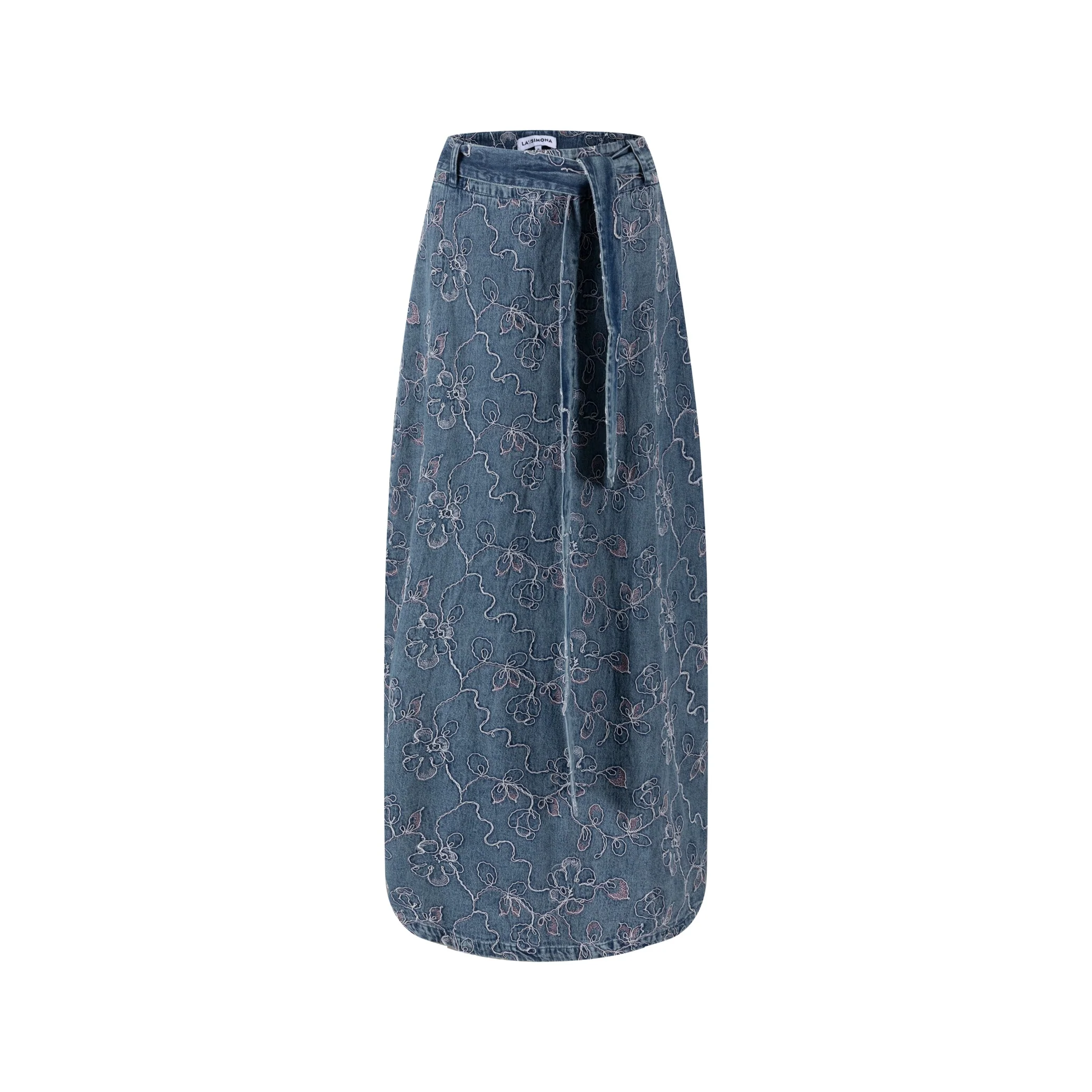 Abstract Embroidery Tie Waist Denim Skirt - Image 4