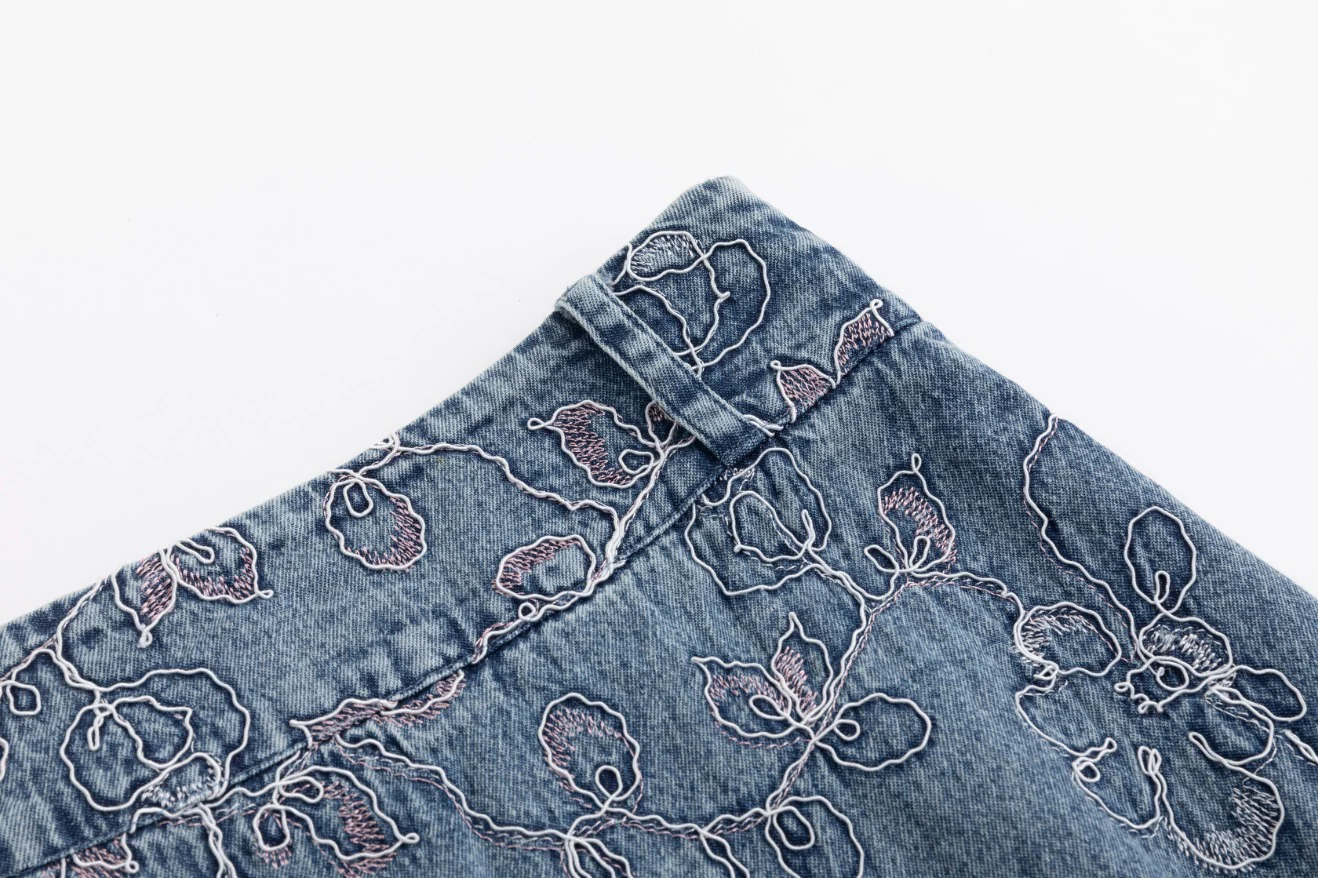 Abstract Embroidery Tie Waist Denim Skirt - Image 6