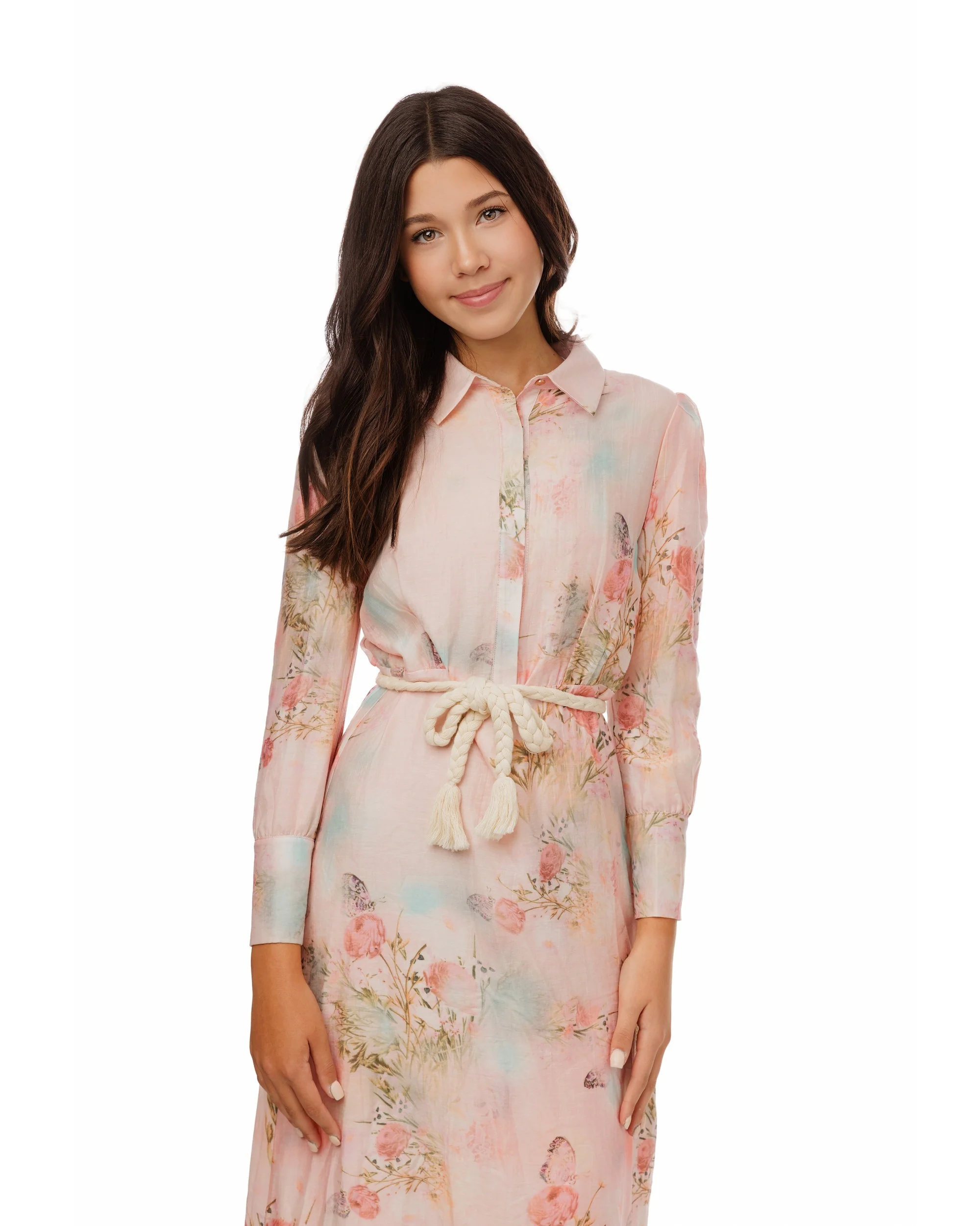 Butterfly Print Pink Dress With Braided Belt - Image 4