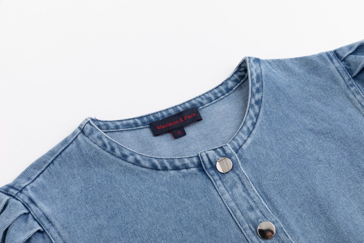 Lantern 3/4 Sleeve Denim Dress - Blue - Image 4