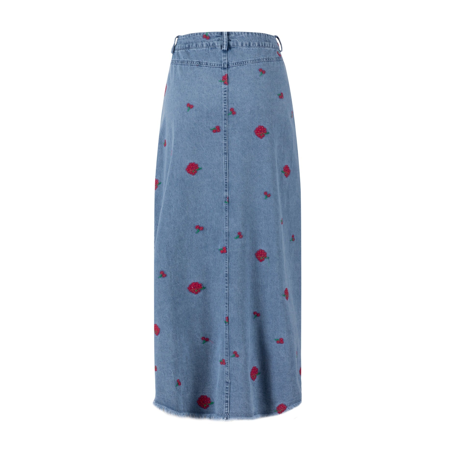 Red Flowers Embroidered Denim Skirt - Light Blue - Image 3