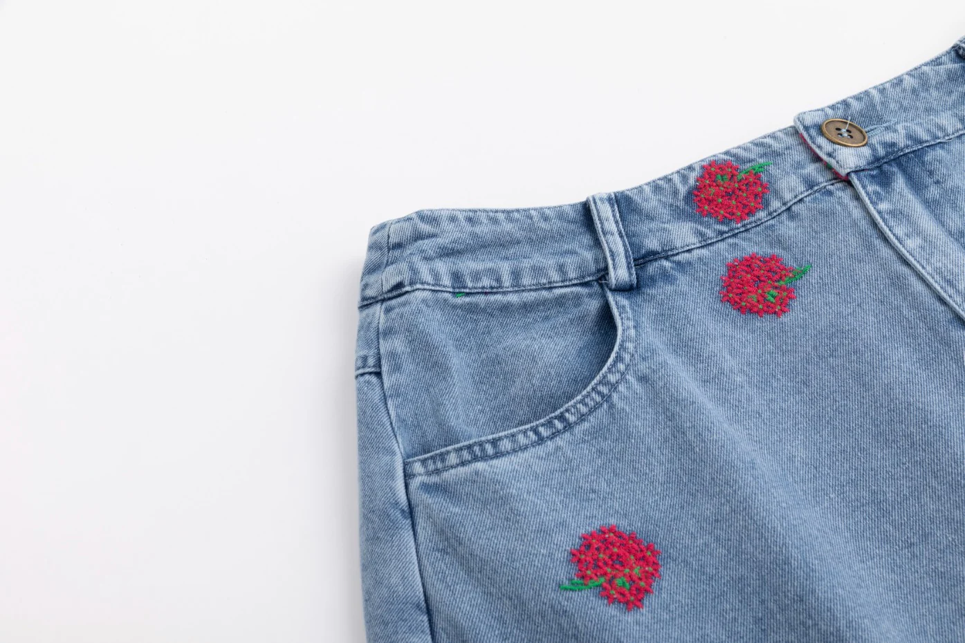 Red Flowers Embroidered Denim Skirt - Light Blue - Image 4